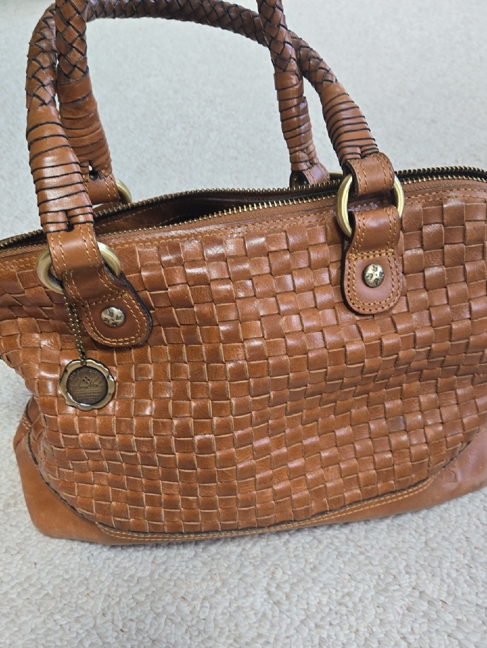 Woven Leather Tote Bag in Cognac by Patricia Nash.